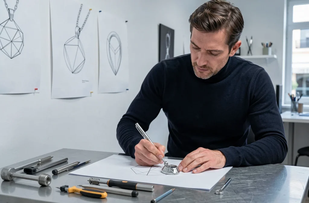Créateur joaillier dessinant un bijou contemporain dans le studio de création de la Bijouterie Joaillerie Stéphane Artero à Nice