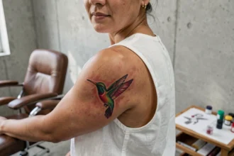 Femme montrant un tatouage de colibri coloré sur l'avant-bras dans un studio de tatouage