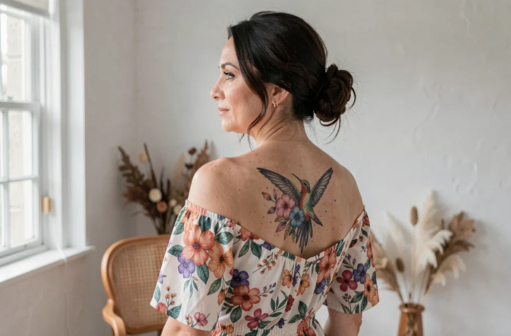 Femme de dos dévoilant un tatouage colibri aquarelle en couleurs vives dans un intérieur chaleureux