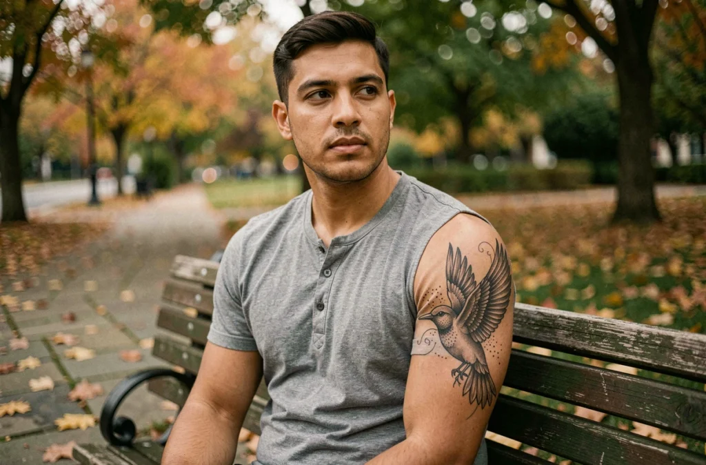 Homme avec tatouage colibri en noir et gris sur l'épaule dans un parc en automne