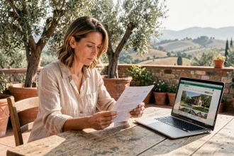 Femme vérifiant un contrat de location de vacances en Italie sur une terrasse toscane avec un ordinateur portable