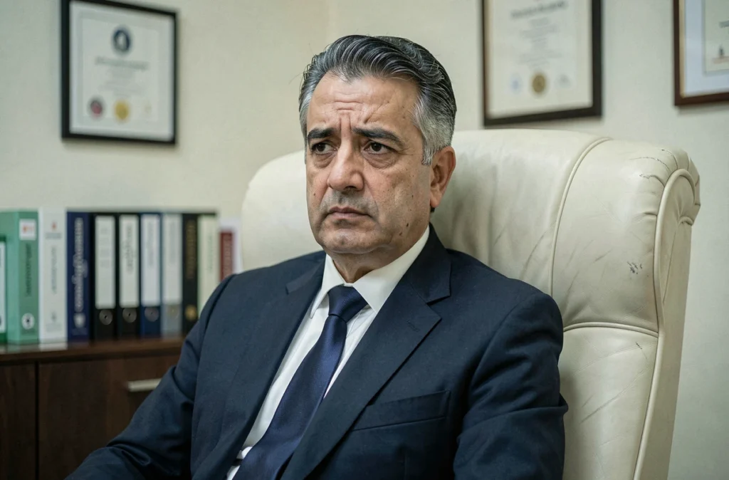 Portrait solennel d'un homme distingué dans un cadre médical égyptien, évoquant les derniers jours du Shah d'Iran sous traitement chirurgical