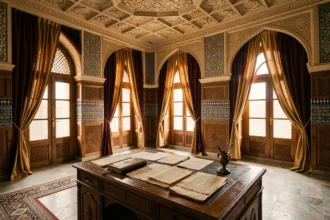 Salle de cérémonie palatiale de style perse évoquant l'exil du Shah d'Iran, avec documents diplomatiques anciens et décor historique